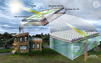An artist's representation shows how a cost-effective solar concentrator could help make existing solar panels more efficient. The dye-based luminescent solar concentrator functions without the use of tracking or cooling systems, greatly reducing the overall cost compared to other concentrator technology. Dye molecules coated on glass absorb sunlight, and re-emit it at a different wavelengths. The light is trapped and transported within the glass until it is captured by solar cells at the edge. Some light passes through the concentrator, and is absorbed by lower voltage solar cells underneath. [Note: Graphic is not to scale.]

Credit: Nicolle Rager Fuller, NSF