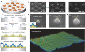 Fig. 1. (a) Schematics of the SSA fabrication process. (b) SEM images of the SSA during the ICP etching process. (c–e) SEM images of the subulate RRAM devices with different c-radii. (f) 3D profile of uniform SSA from a typical region of the substrate.

CREDIT
©Science China Press