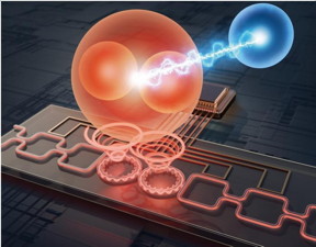 The signal photon, manipulated by the integrated photonic circuit, creates a 4D qudit represented by the set of orange spheres. Meanwhile, the idler photon, represented by the blue sphere, acts as a remote control for the signal photon.

CREDIT
by Haoqi Zhao, Yichi Zhang, Zihe Gao, Jieun Yim, Shuang Wu, Natalia M. Litchinitser, Li Ge, and Liang Feng