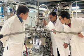 Researchers in the Quantum Materials Design and Synthesis Group (from left to right) Zhifei Yang, Bharat Jalan, and Fengdeng Liu who worked to create a new material to help improve the next generation of high-power electronics. Credit: Kalie Pluchel/University of Minnesota

Credit
Kalie Pluchel/University of Minnesota