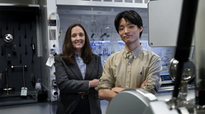 Professor Kelsey Hatzell and postdoctoral researcher Se Hwan Park stand in the Hatzell lab. (Photo by Bumper DeJesus)

Credit
Bumper DeJesus, Andlinger Center for Energy and the Environment