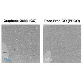 Numerous pores were observed in GO (indicated by white arrows). In contrast, no pores were visible in Pf-GO, even under high magnification.

Credit
Kazuto Hatakeyama and Shintaro Ida from Kumamoto University