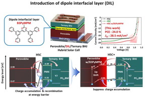 Figure. The illustration of the mechanism of improving the electronic structure and charge transfer capability through Perovskite/organic hybrid device structure and dipole interfacial layers (DILs). The proposed dipole interfacial layer forms a strong interfacial dipole, effectively reducing the energy barrier between the perovskite and organic bulk heterojunction (BHJ), and suppressing hole accumulation. This technology improves near-infrared photon harvesting and charge transfer, and as a result, the power conversion efficiency of the solar cell increases to 24.0%. In addition, it achieves excellent stability by maintaining performance for 1,200 hours even in an extremely humid environment.

Credit
KAIST Advanced Devices for Energy Conversion